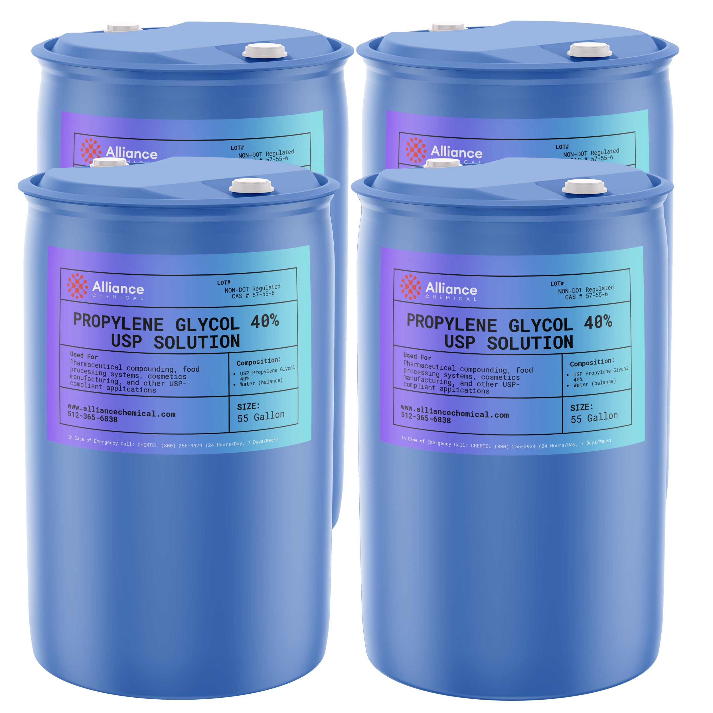 Alliance Chemical propylene glycol 40% in blue 55-gallon steel drum with label and safety information