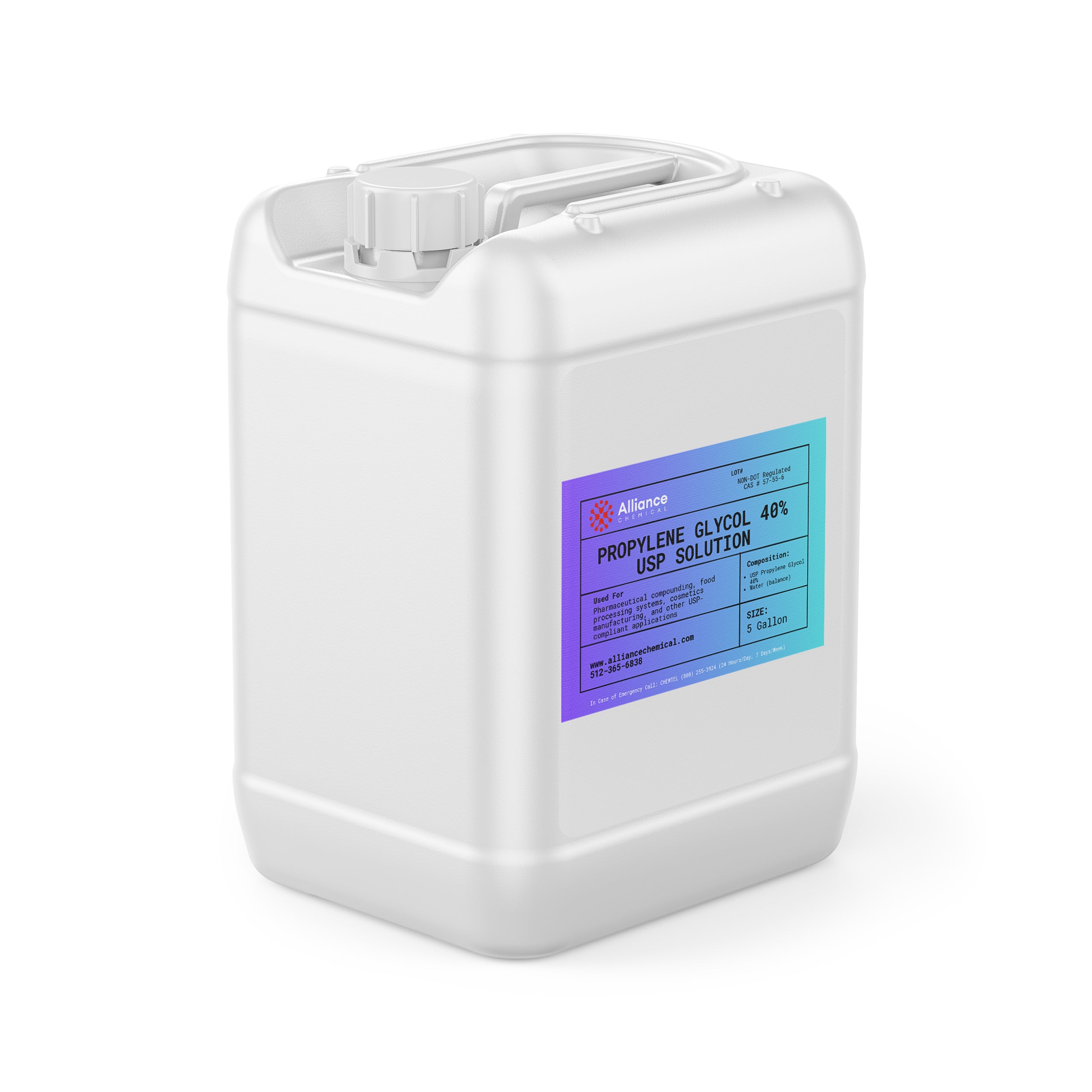 Alliance Chemical propylene glycol 40% USP grade in white 5-gallon HDPE pail with screw cap