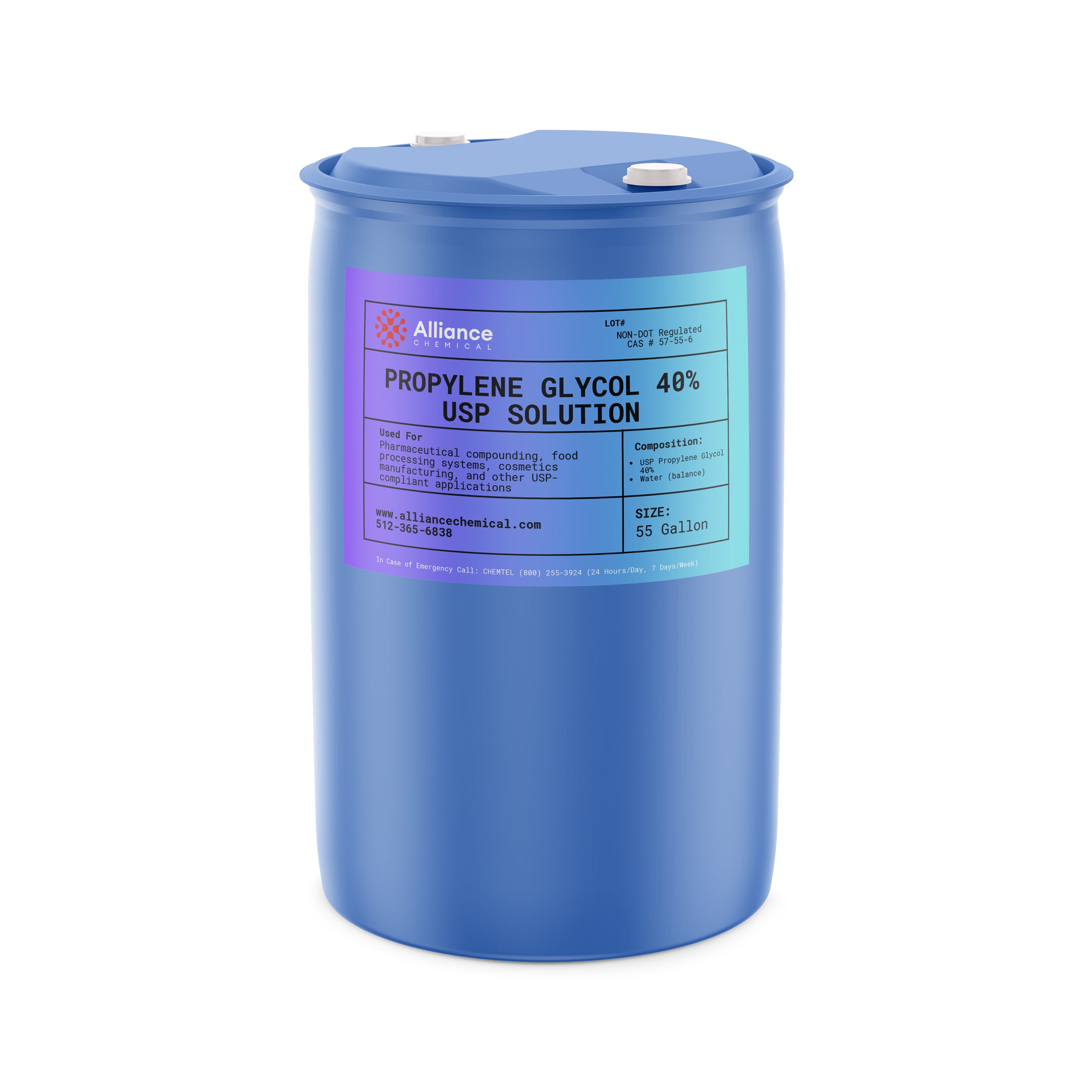 Alliance Chemical propylene glycol 40% USP grade in blue 55-gallon steel drum with label