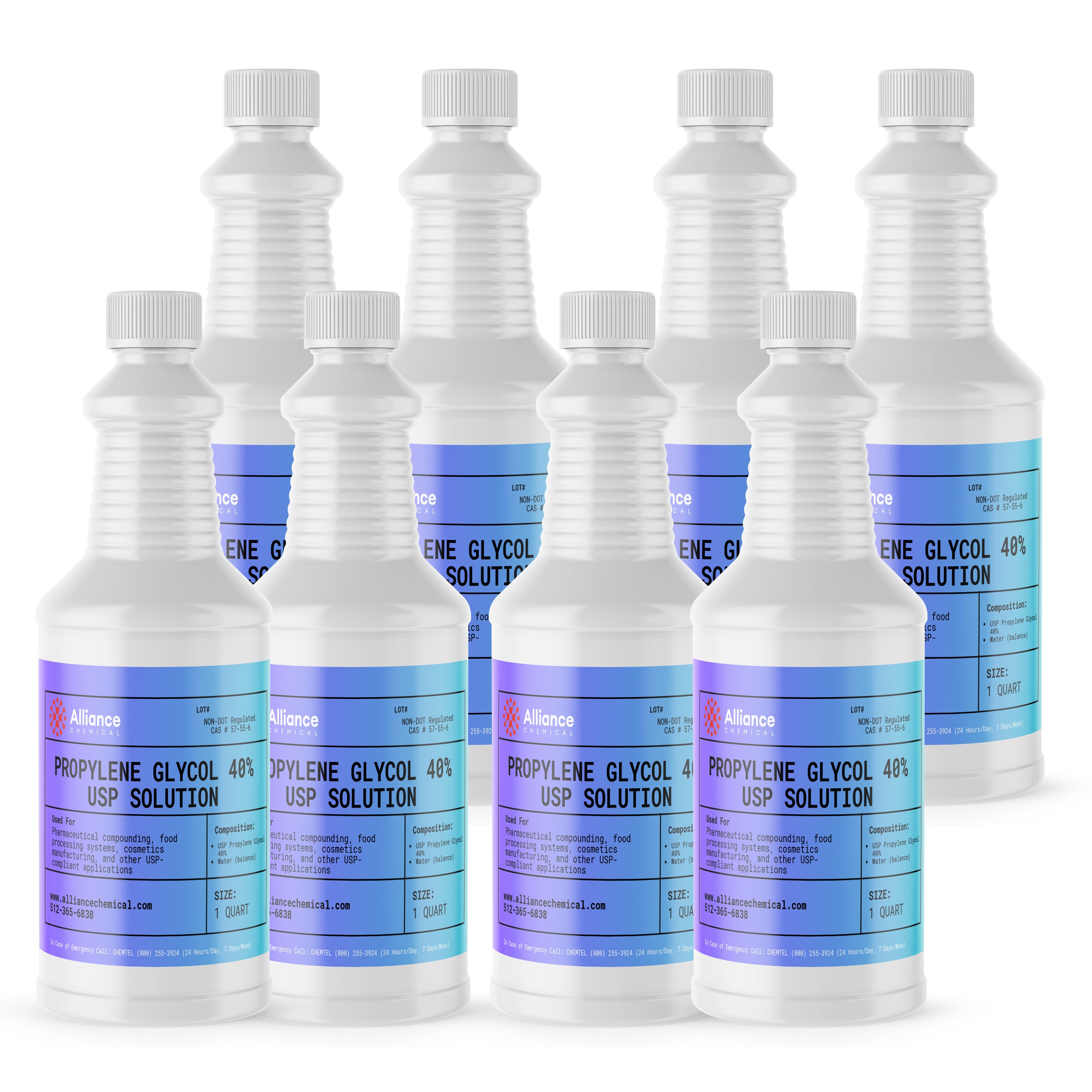 Alliance Chemical propylene glycol 40% USP grade in eight clear 1-quart plastic bottles with flip-top lids