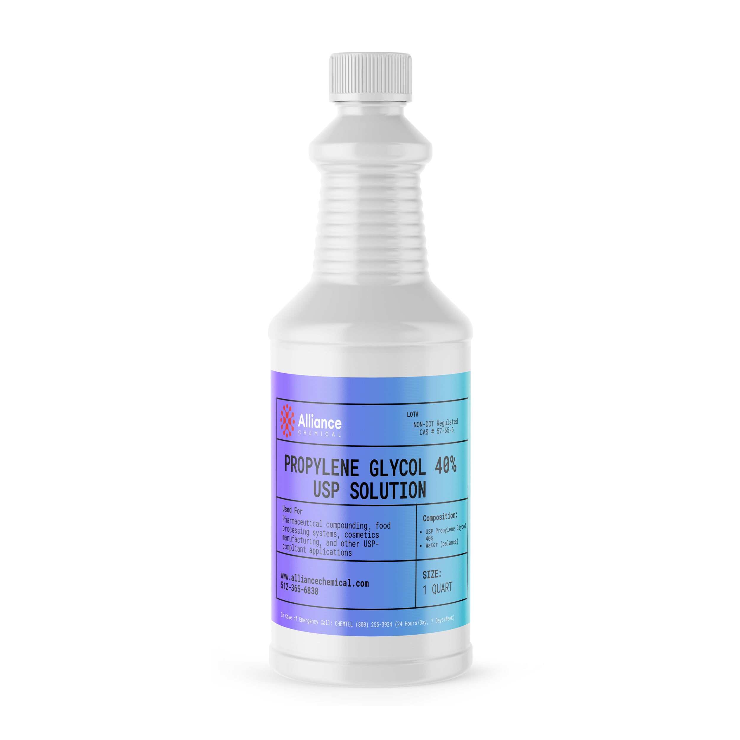 Alliance Chemical propylene glycol 40% USP in clear 1 quart plastic bottle with white screw cap