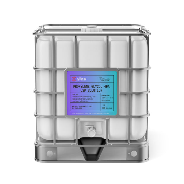 One 330-gallon plastic tote of Alliance Chemical Propylene Glycol 40% – USP Grade with a steel cage and a label.