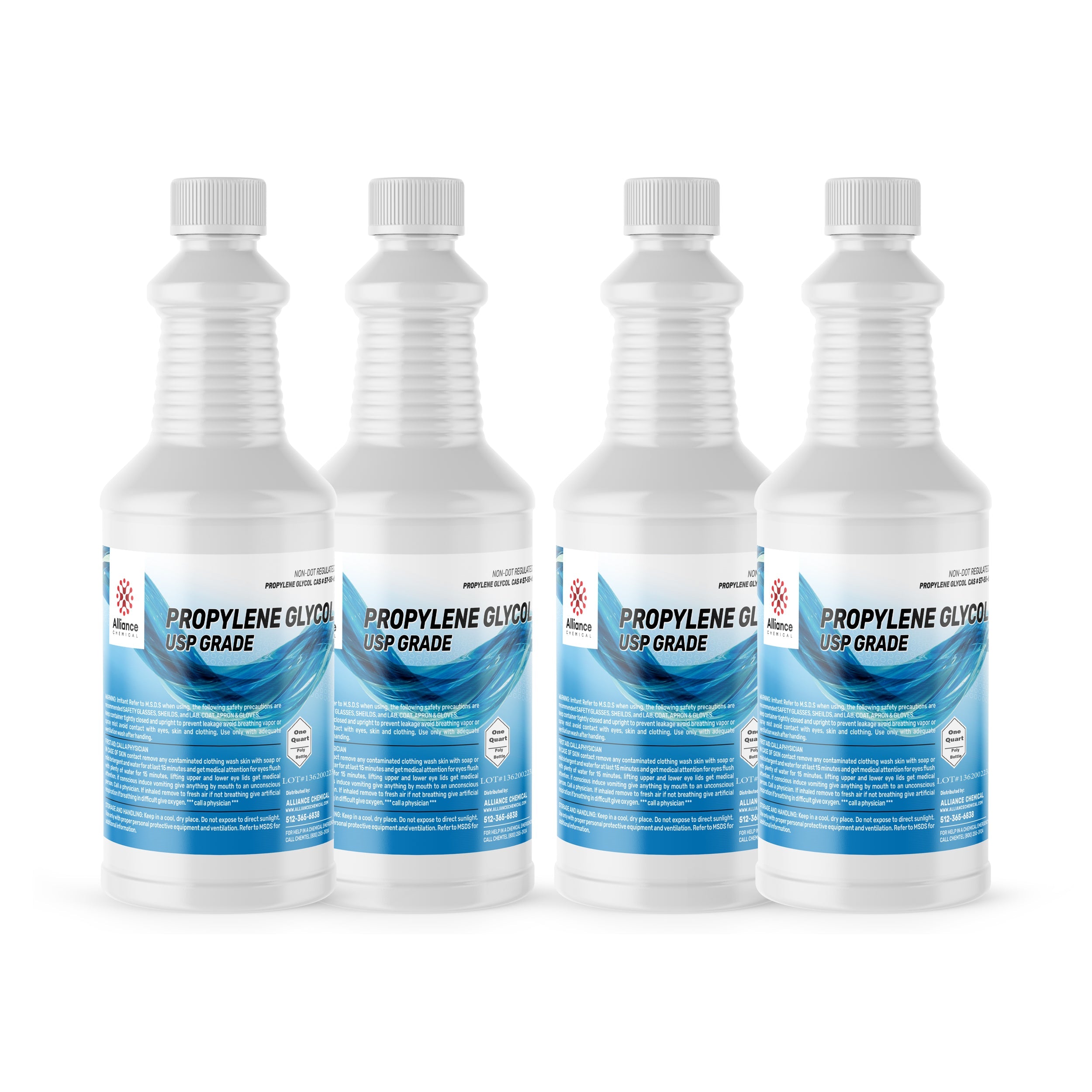 Four 1-quart bottles of USP-grade Propylene Glycol in white HDPE containers with ribbed design, blue-white labels, and safety-sealed caps.