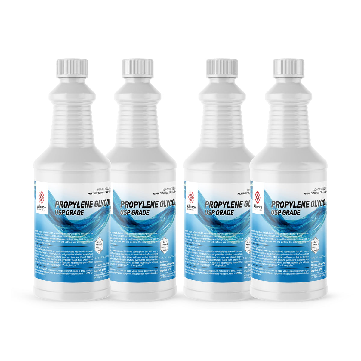 Four 1-quart Alliance Chemical Propylene Glycol USP Grade poly bottles with white screw caps and product label.
