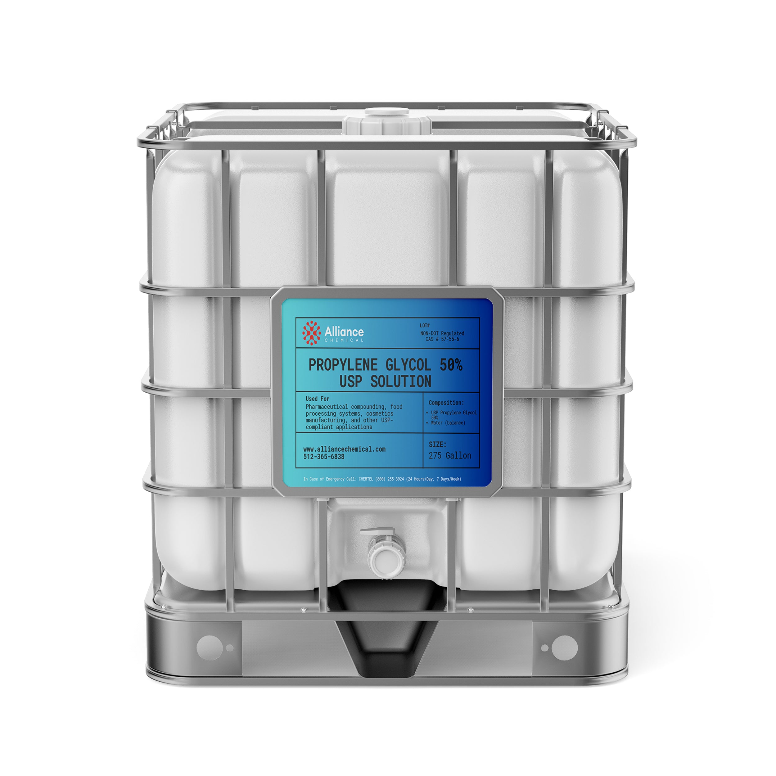 Alliance Chemical propylene glycol 40% USP grade in a 275-gallon IBC tote with labeling