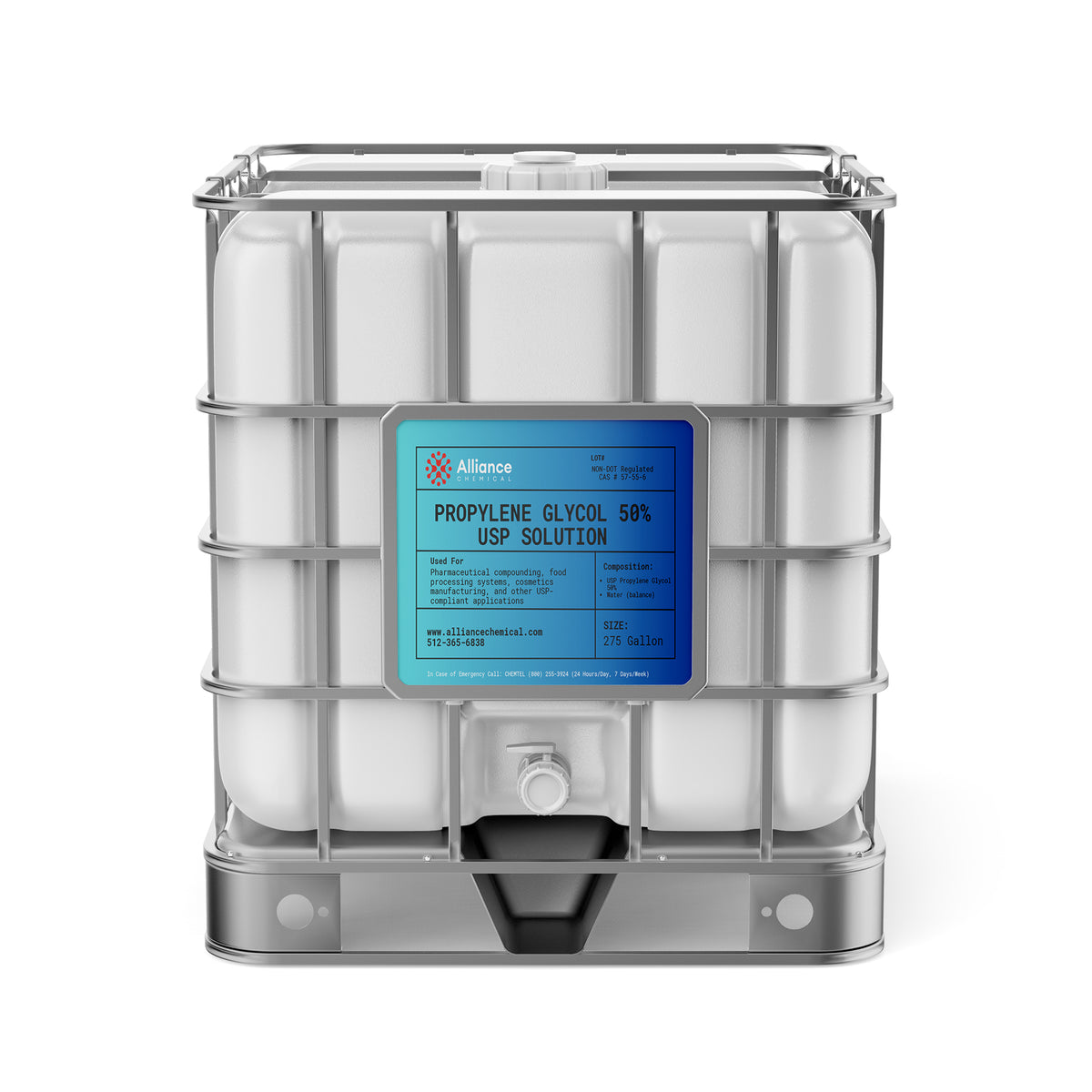 Alliance Chemical propylene glycol 40% USP grade in a 275-gallon IBC tote with labeling