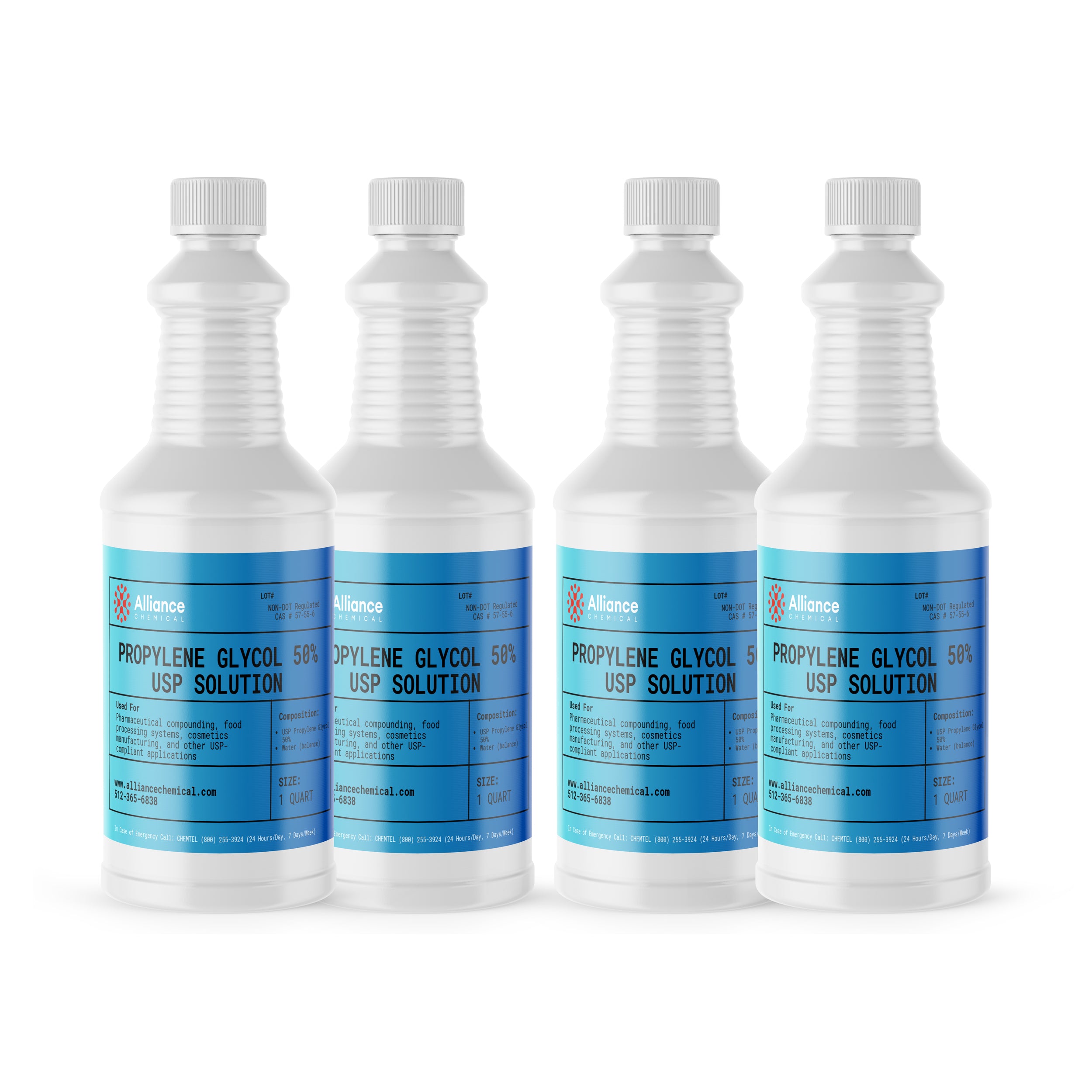 Alliance Chemical propylene glycol 50% USP grade in four clear 1-quart plastic bottles with white caps