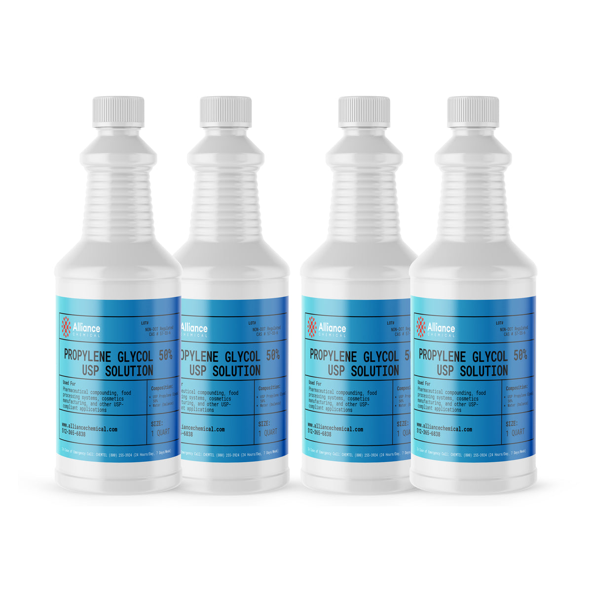 Alliance Chemical propylene glycol 50% USP grade in four clear 1-quart plastic bottles with white caps