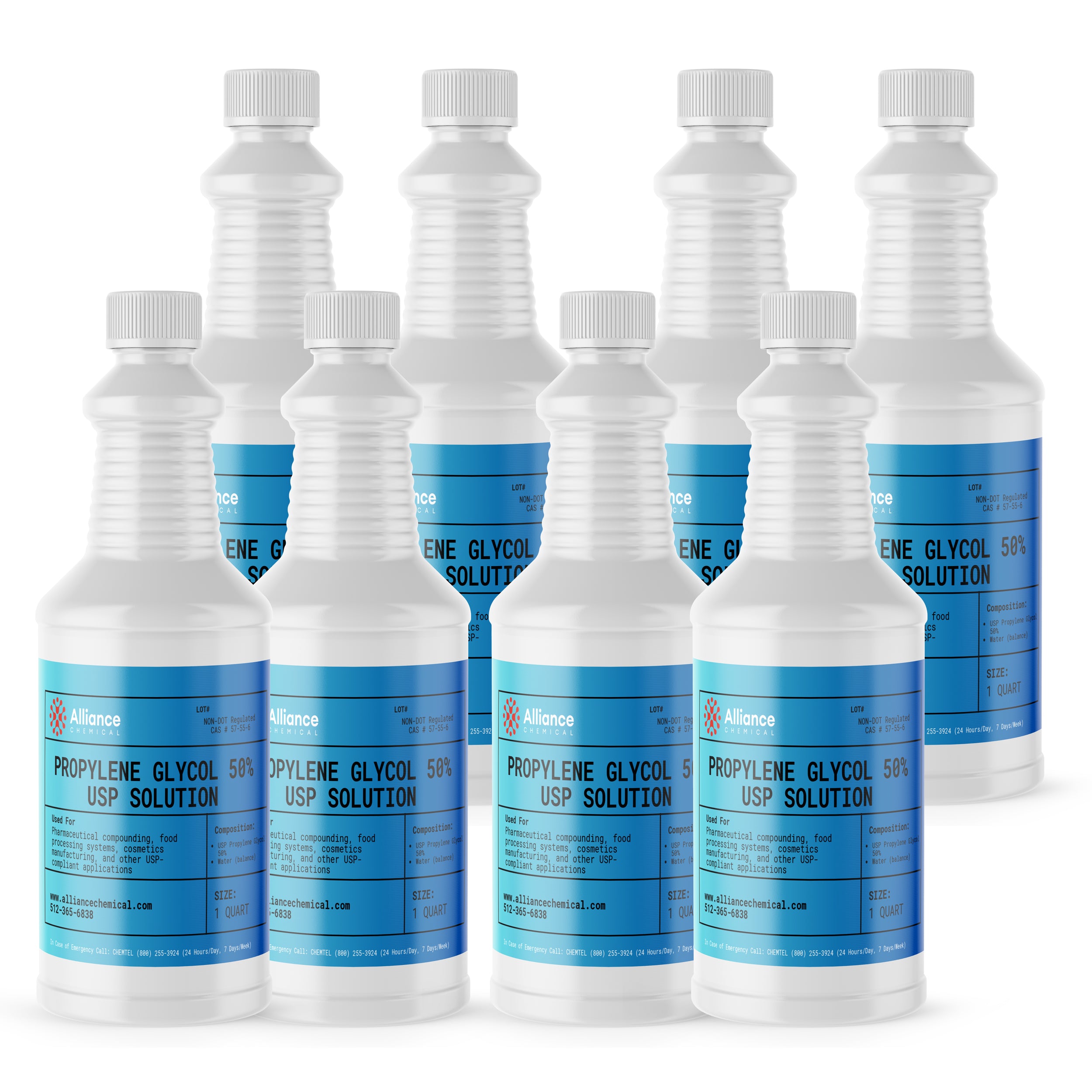 Alliance Chemical propylene glycol 40% USP grade in clear 1 quart plastic bottles with blue labels
