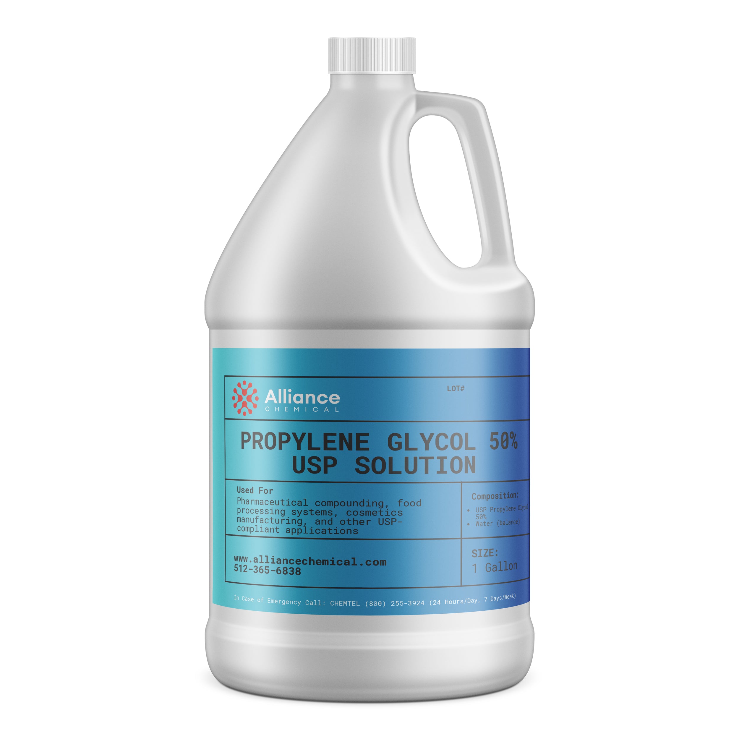 Alliance Chemical propylene glycol 50% USP grade in white 1-gallon HDPE jug with handle