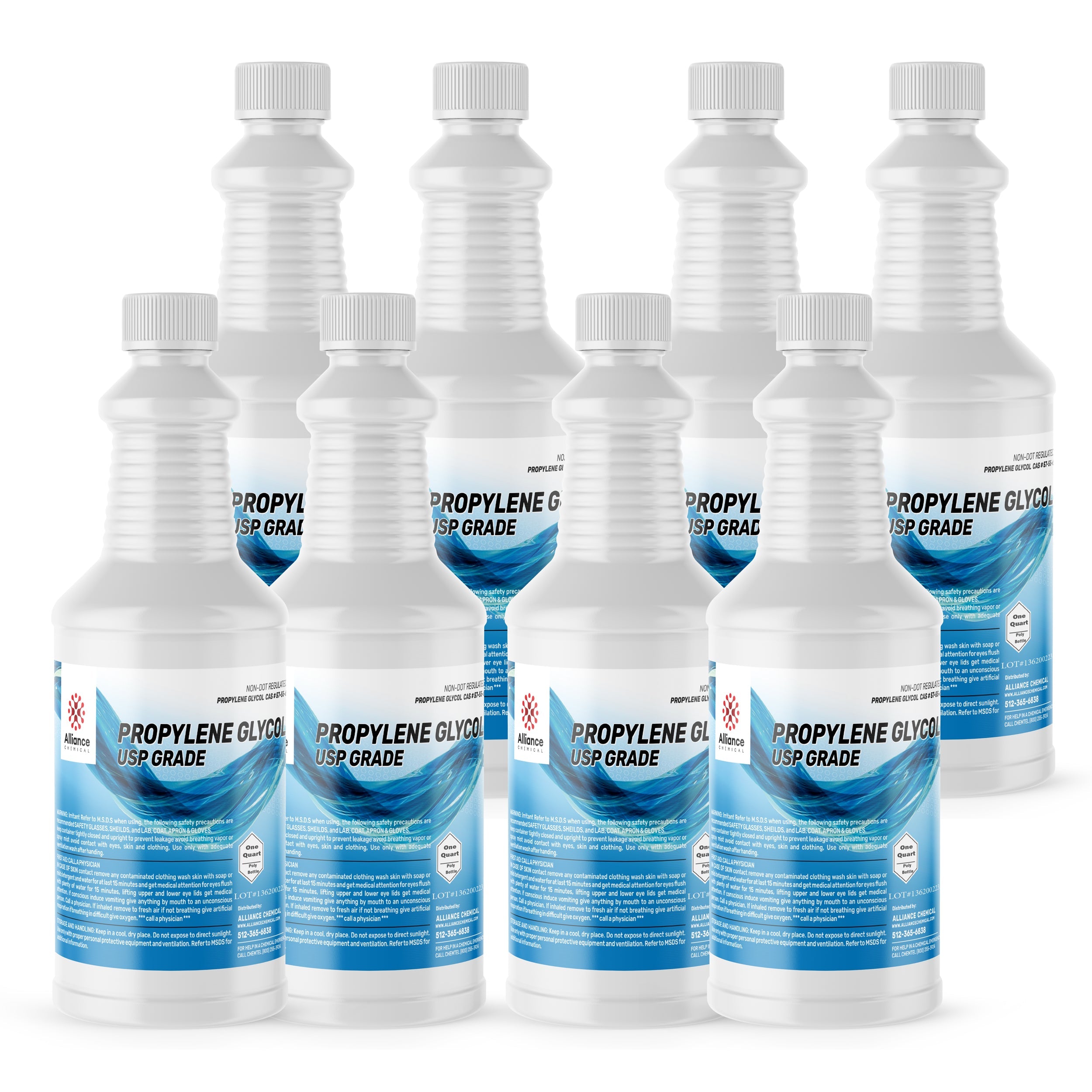 8x1 quart bottles of USP-grade Propylene Glycol in clear HDPE containers with blue-wave labels, white safety caps, and Alliance Chemical branding.