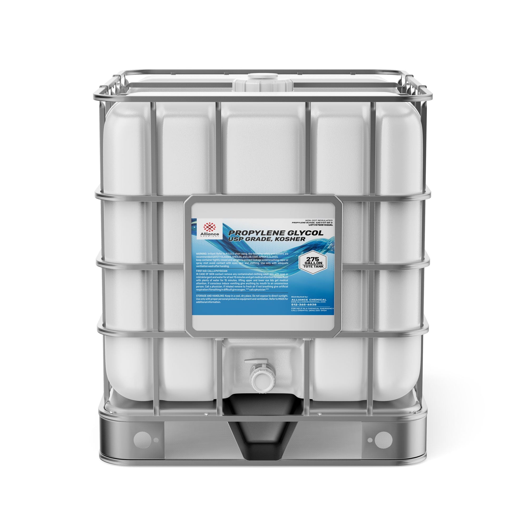 275-gallon IBC tote of USP-grade Kosher Propylene Glycol with reinforced cage framework, dispensing valve, and Alliance Chemical safety label.