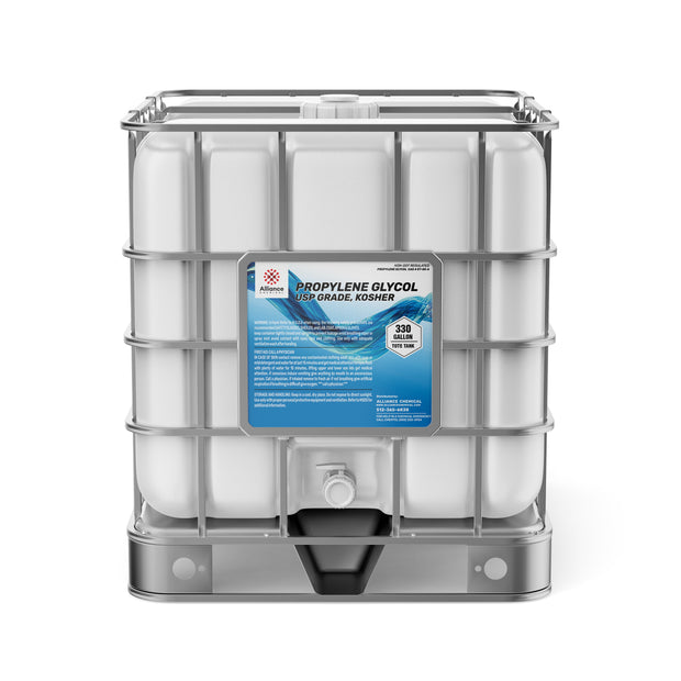 One 330-gallon tote of Alliance Chemical Propylene Glycol USP Grade with a steel cage and a white plastic container.