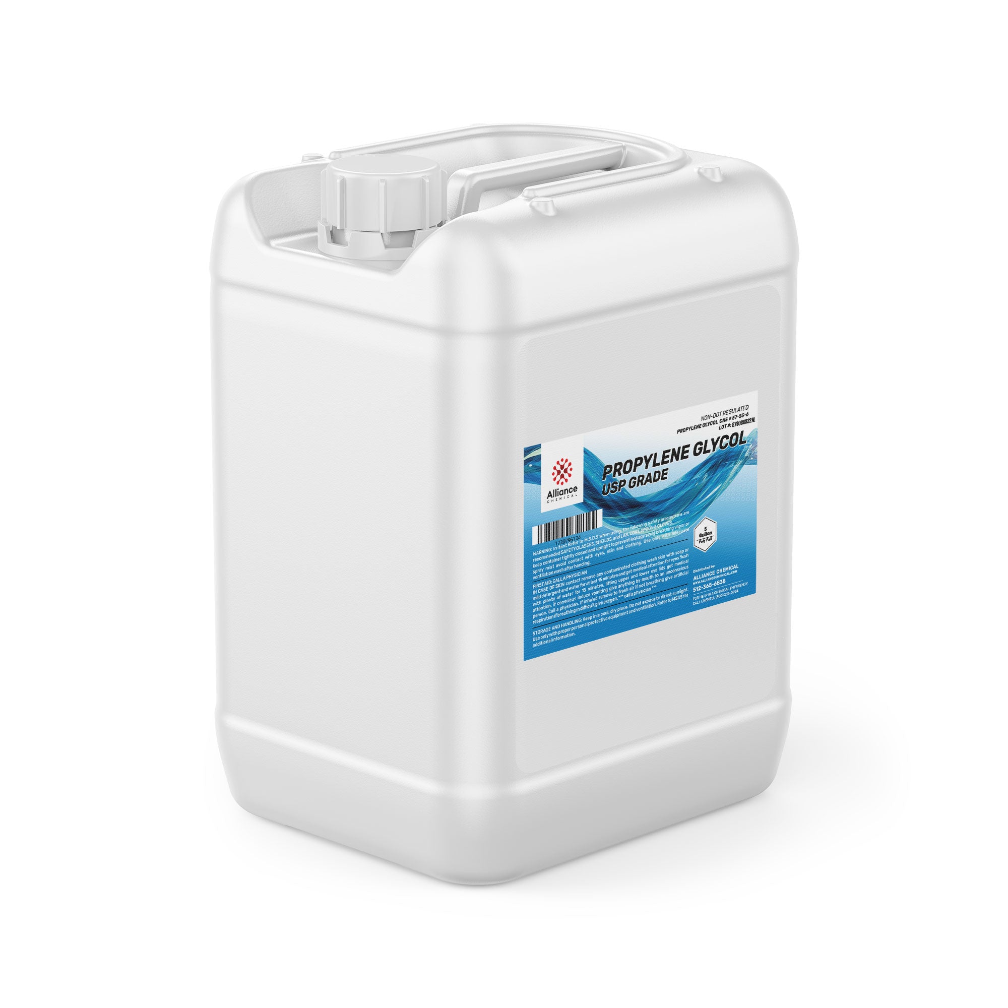5-gallon white HDPE container of USP-grade Propylene Glycol with Alliance Chemical blue label, industrial screw cap, and handle.