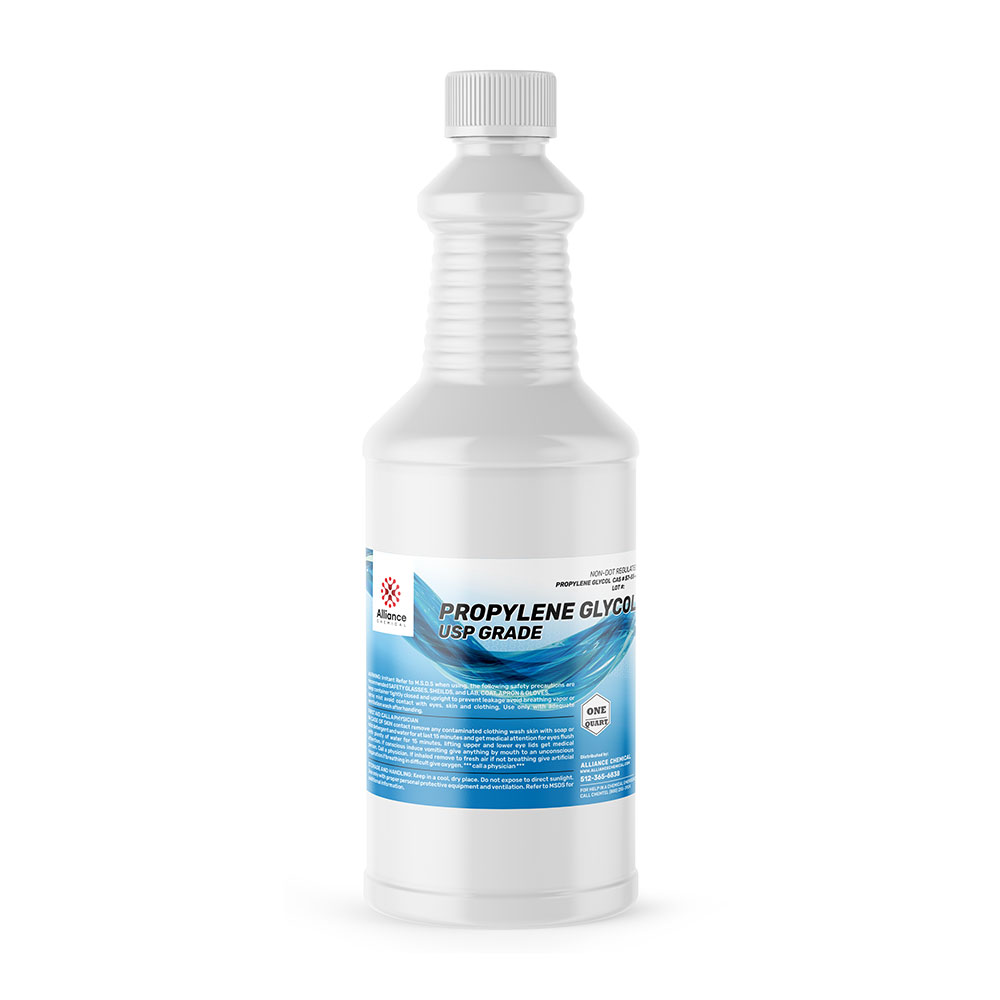 1-quart HDPE bottle of USP-grade Propylene Glycol, white container with blue wave design label and safety information, ribbed cap.