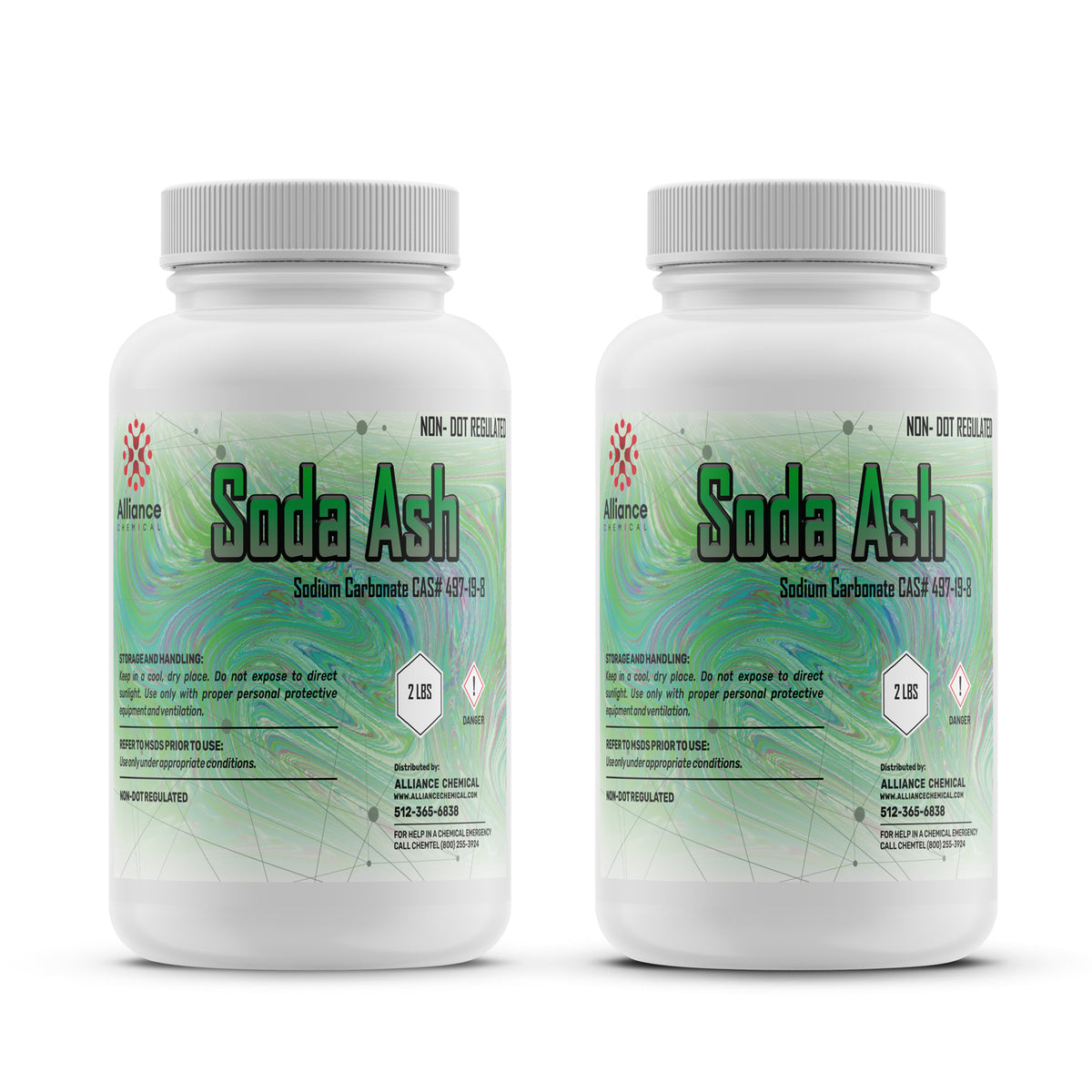 2-lb sodium carbonate containers (2-pack) of non-DOT regulated Soda Ash by Alliance Chemical, HDPE bottles CAS# 497-19-8