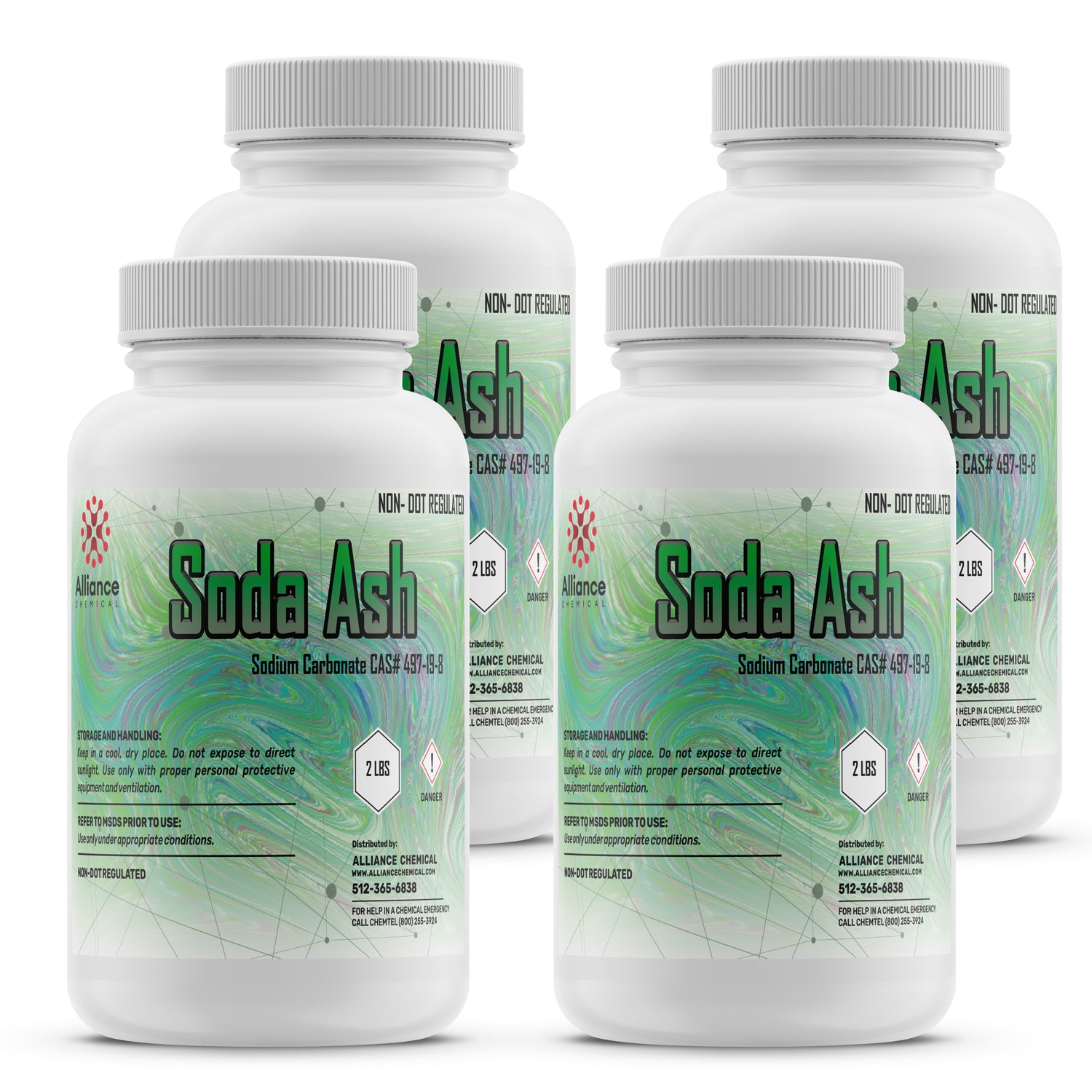 2-lb containers of industrial Soda Ash (Sodium Carbonate CAS#497-19-8) in white HDPE jars with green-marbled labels and DOT danger symbols, 4-pack.