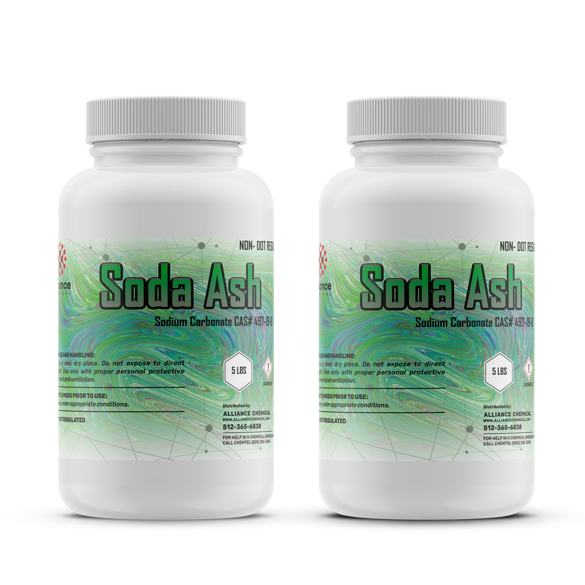 Two 5-lbs plastic bottles of Alliance Chemical Soda Ash with white screw cap and product label.