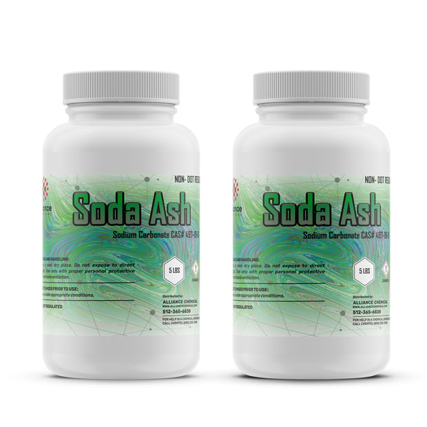 Two 5-lbs plastic bottles of Alliance Chemical Soda Ash with white screw cap and product label.