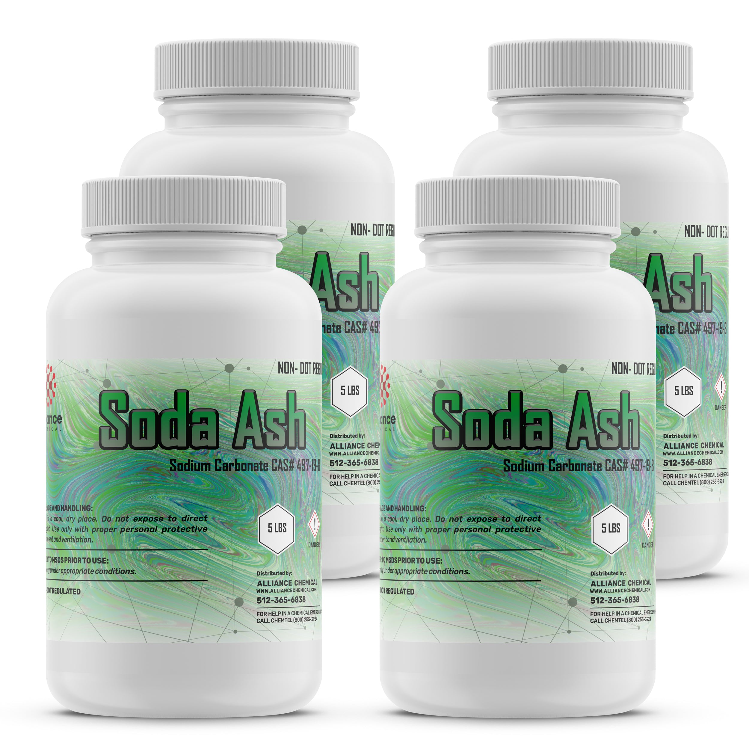 5-lb containers of Sodium Carbonate (Soda Ash), CAS# 497-19-8, in white HDPE bottles with green labels, hazard symbols, 4-pack, Alliance Chemical.