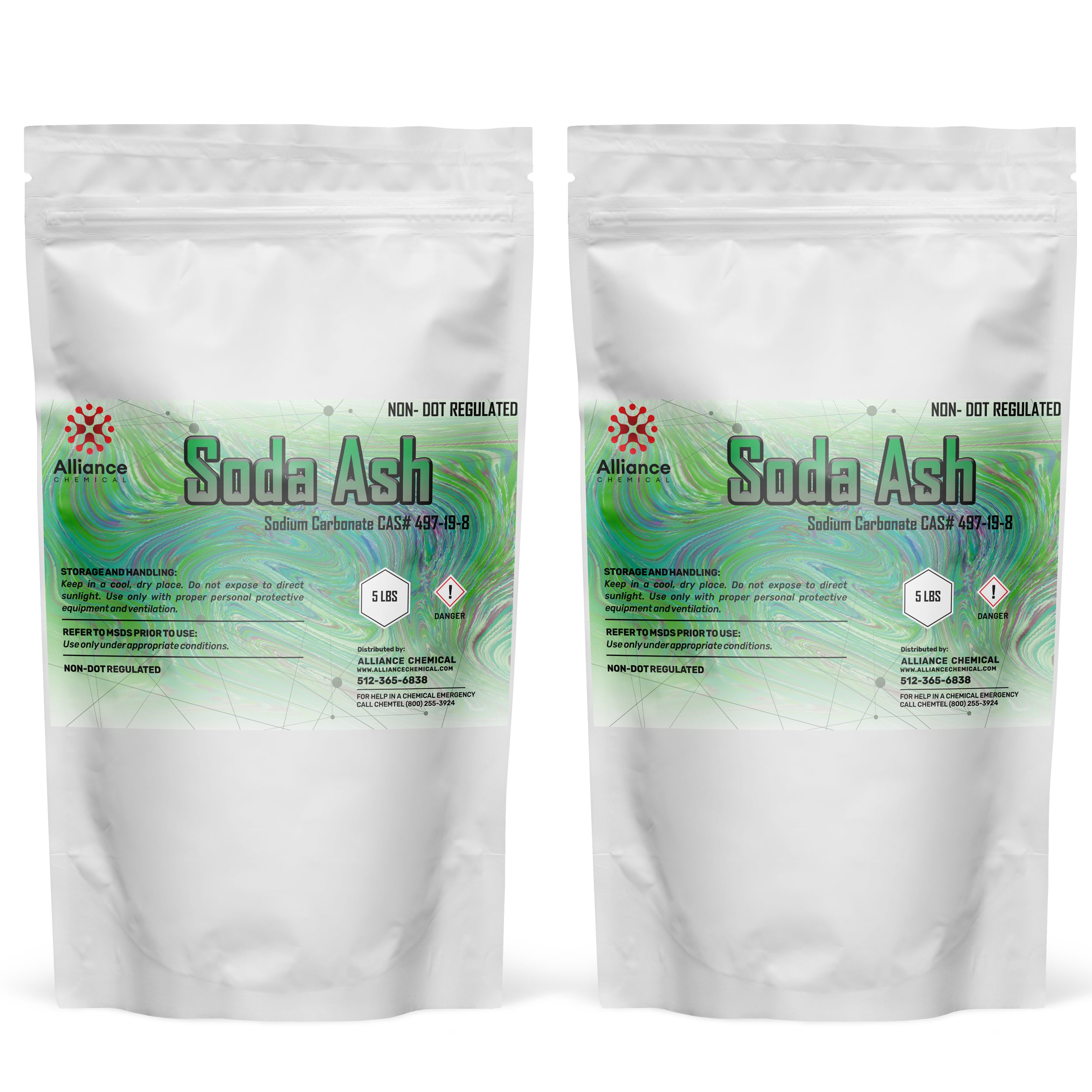 5-lb bags (2-pack) of non-DOT regulated Soda Ash (Sodium Carbonate CAS#497-19-8) in resealable white pouches with danger symbol, Alliance Chemical branded.