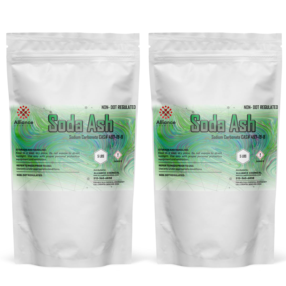 Two 5-lbs bags of Alliance Chemical Soda Ash with labels and resealable closures.
