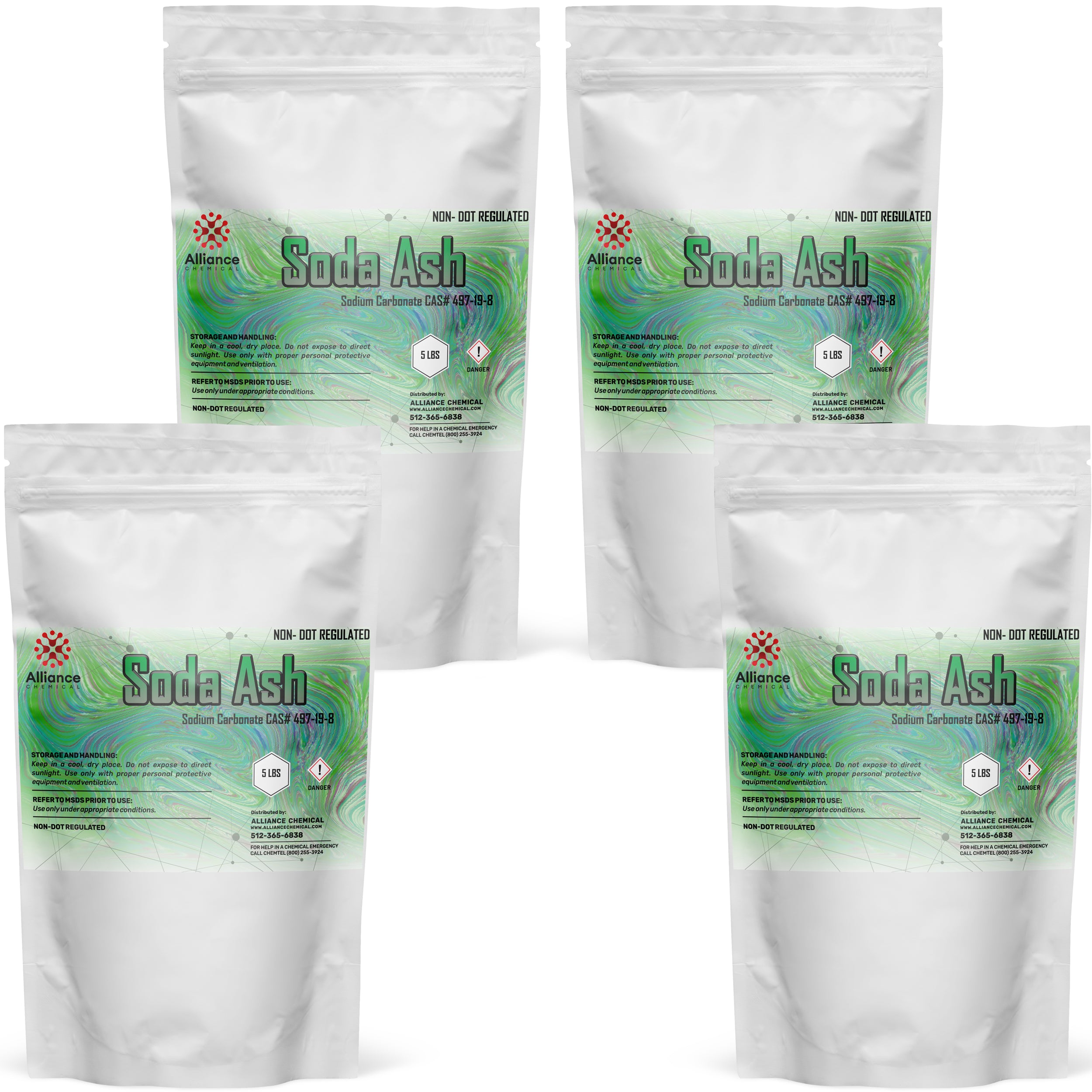 20 lbs (4x5 lb bags) Soda Ash sodium carbonate industrial-grade white powder in resealable pouches, danger symbol, non-DOT regulated, Alliance Chemical.