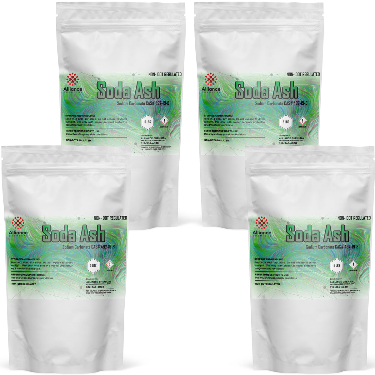 Four 5-lbs Alliance Chemical Soda Ash plastic bags with green labels and resealable closures.