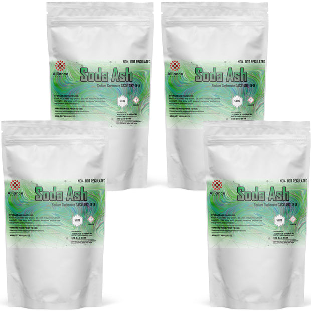 Four 5-lbs Alliance Chemical Soda Ash plastic bags with green labels and resealable closures.