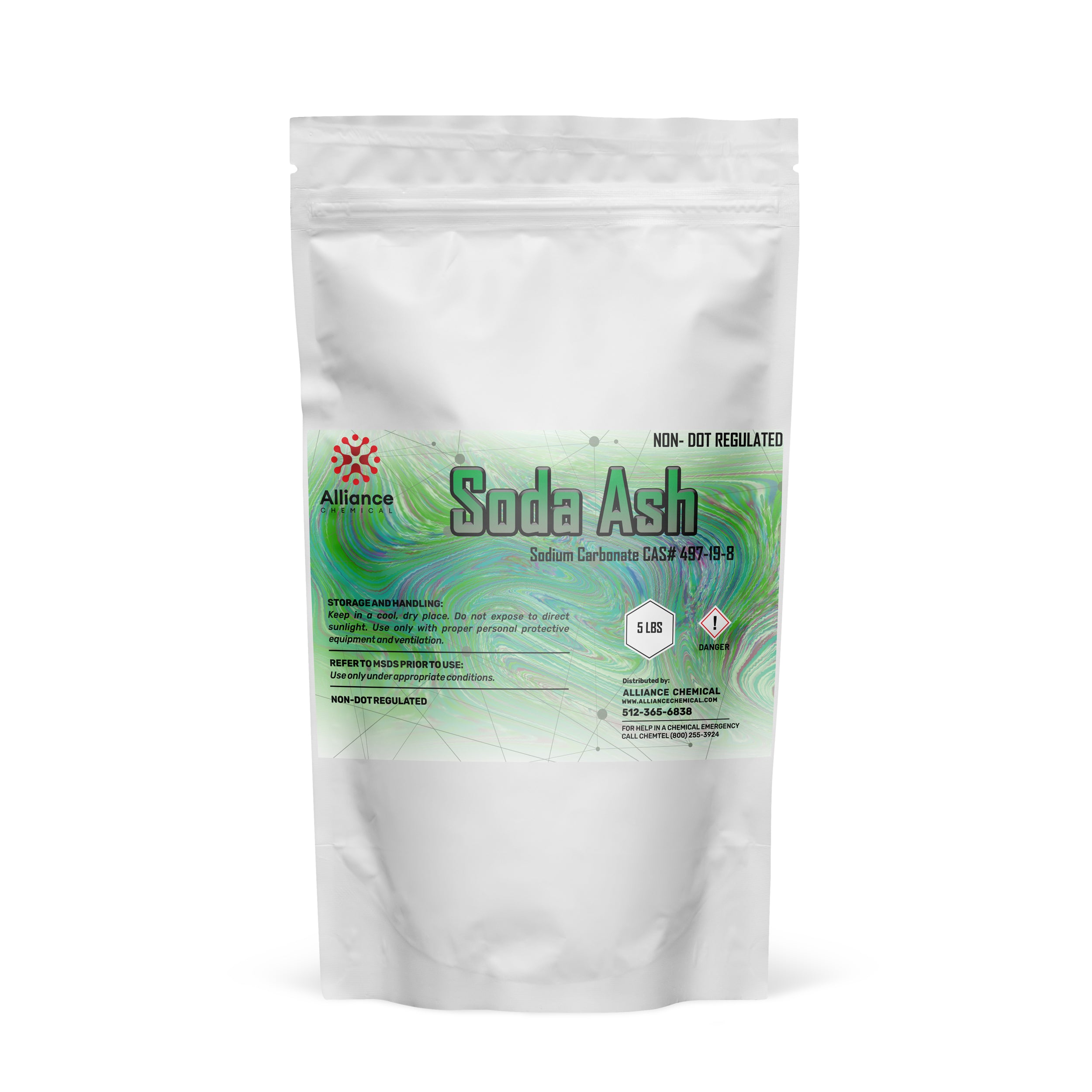 5 lb resealable pouch of industrial soda ash (sodium carbonate CAS#497-19-8) with green gradient label, danger symbol, non-DOT regulated marking.