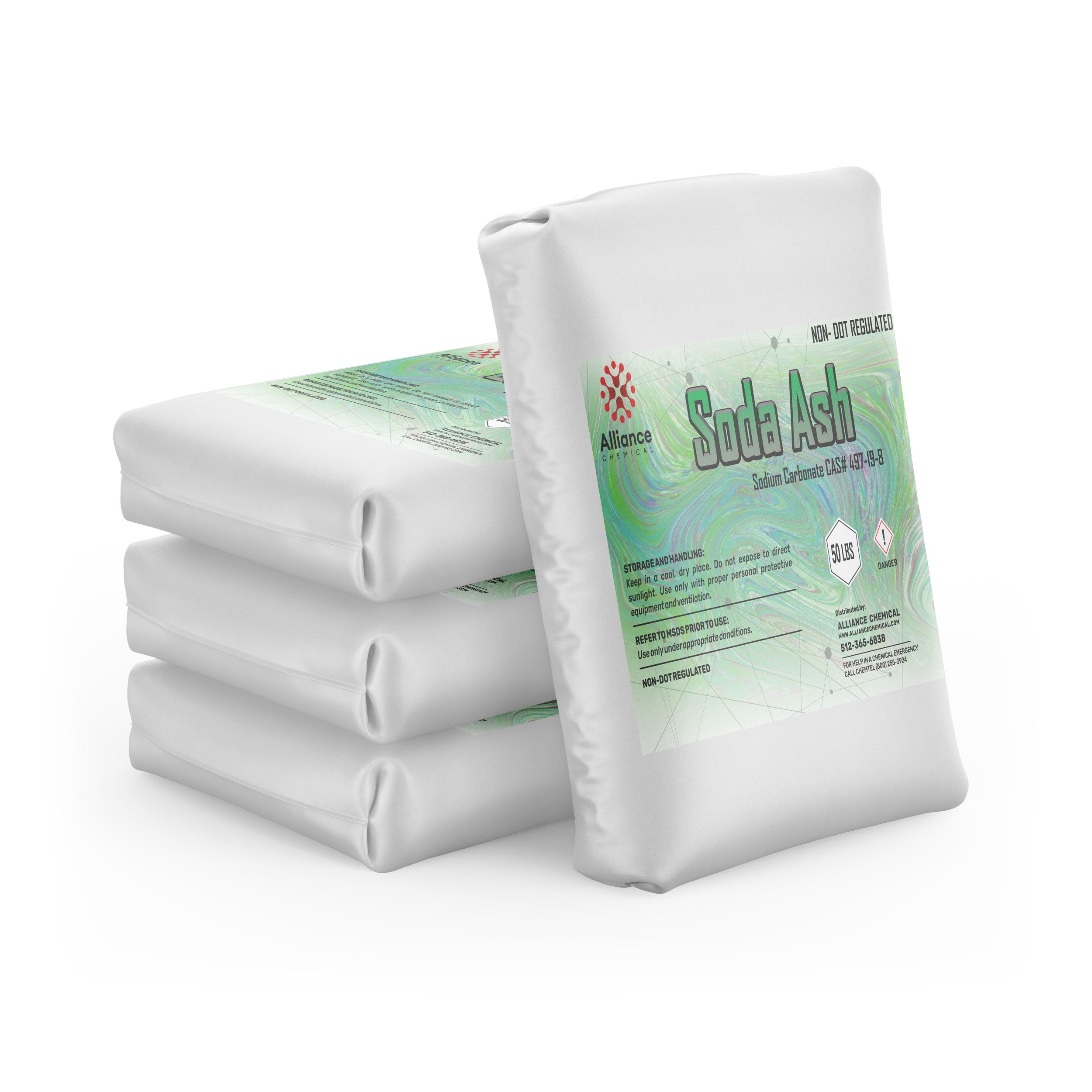 50lb bags of industrial-grade soda ash (sodium carbonate) from Alliance Chemical, stacked with green-labeled packaging and GHS hazard symbol, non-DOT regulated.