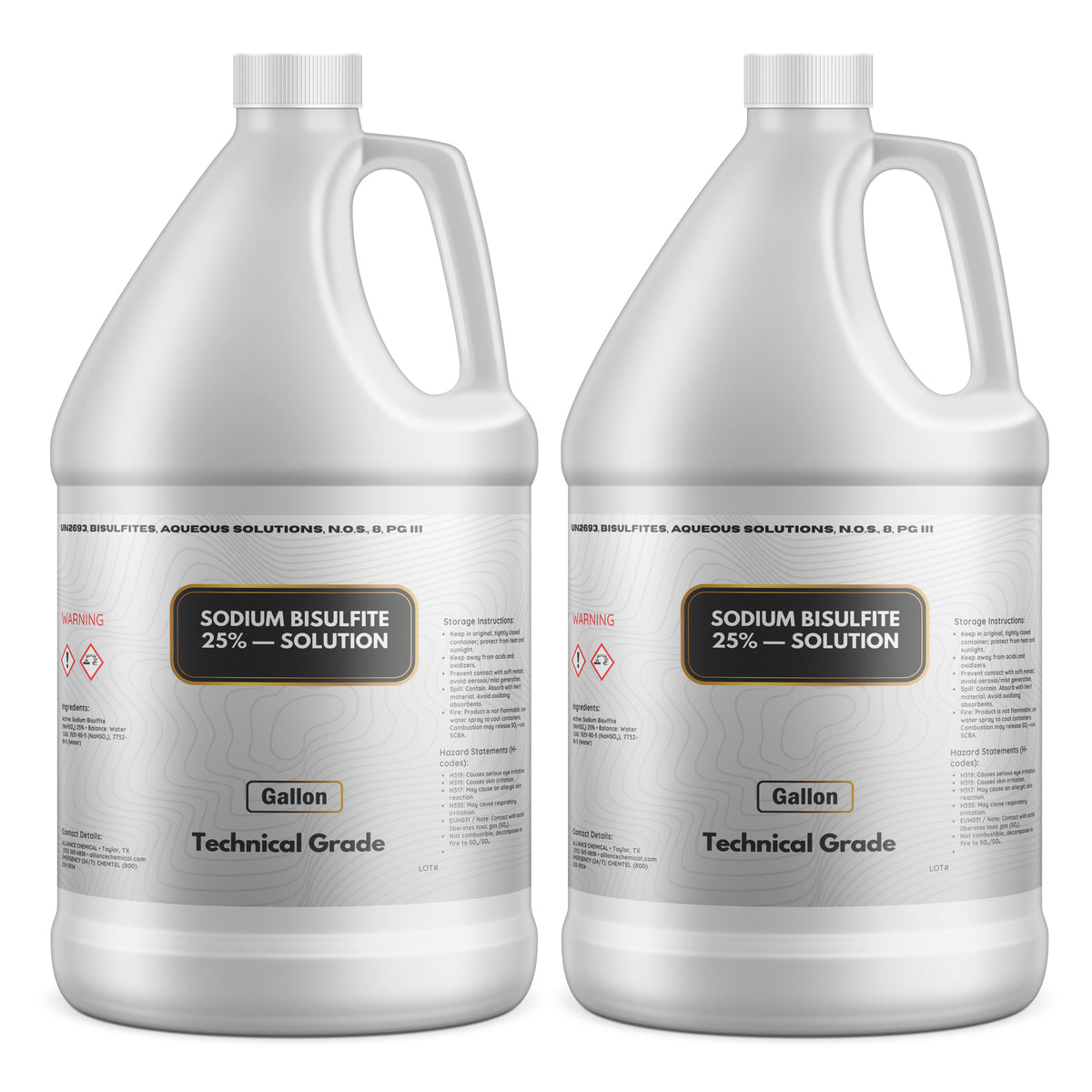 Two 1-gallon HDPE jugs of Alliance Chemical Sodium Bisulfite 25% Solution – Technical Grade with white caps and handles
