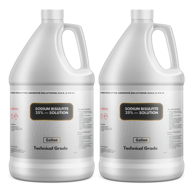 Two 1-gallon HDPE jugs of Alliance Chemical Sodium Bisulfite 25% Solution – Technical Grade with white caps and handles