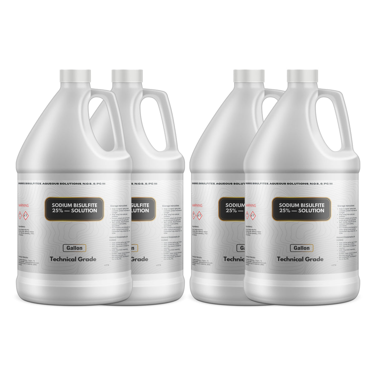 Four 1-gallon Alliance Chemical Sodium Bisulfite 25% Solution HDPE jugs with handles, white screw caps, and product labels.