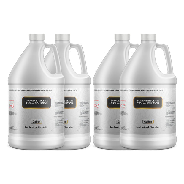 Four 1-gallon Alliance Chemical Sodium Bisulfite 25% Solution HDPE jugs with handles, white screw caps, and product labels.