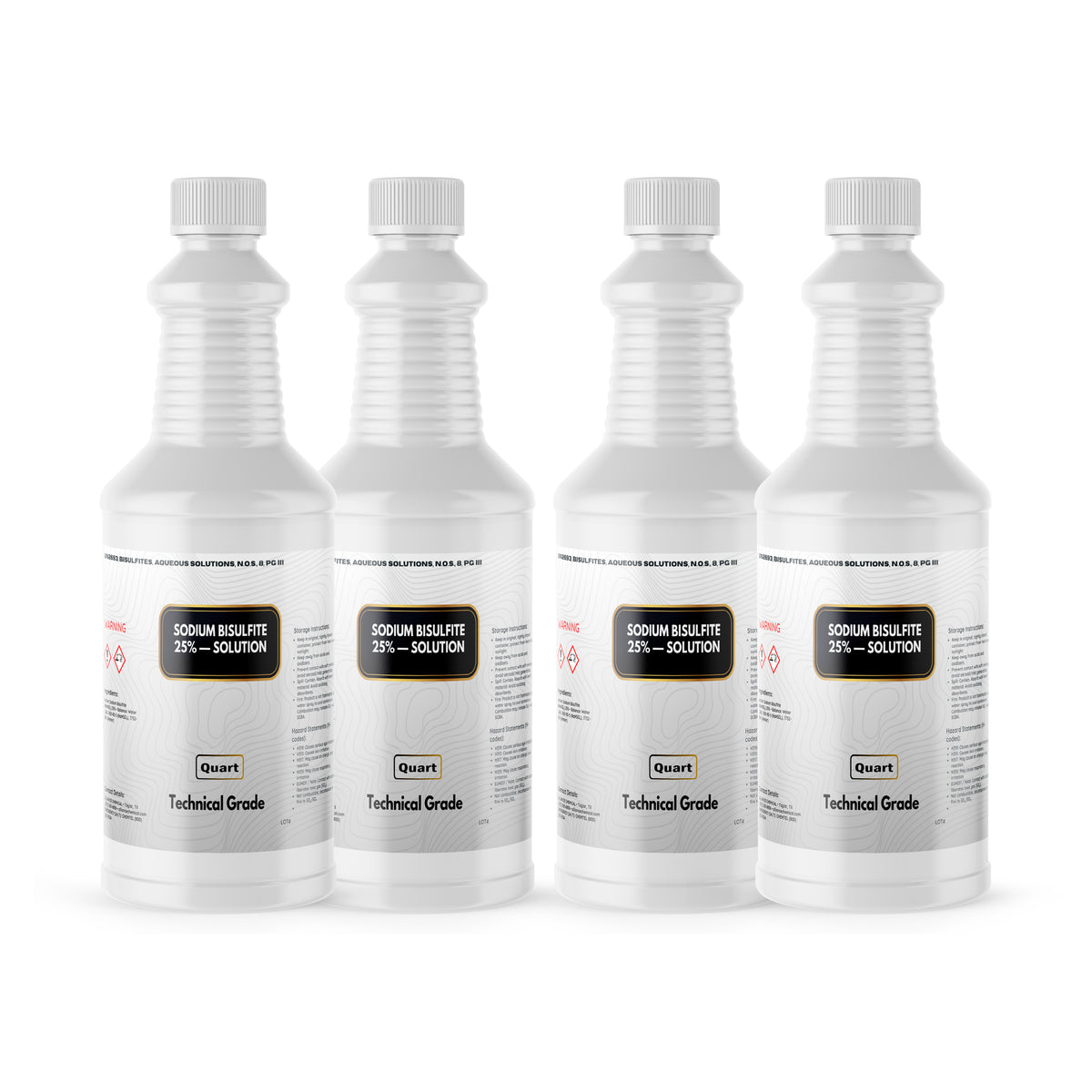 Four 1-quart plastic jugs of Alliance Chemical Sodium Bisulfite 25% Solution Technical Grade with white caps.