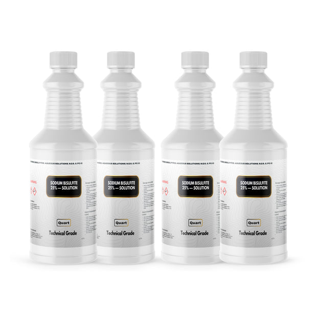 Four 1-quart plastic jugs of Alliance Chemical Sodium Bisulfite 25% Solution Technical Grade with white caps.