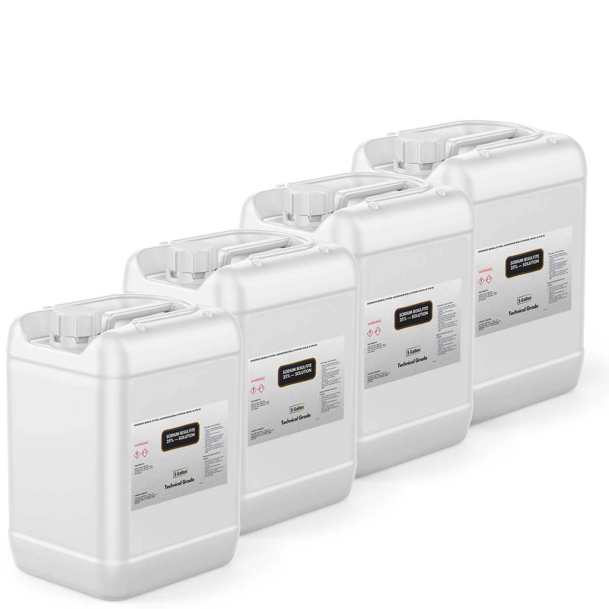 Four 5-gallon HDPE jugs of Alliance Chemical Sodium Bisulfite 25% Solution with labels and handles.