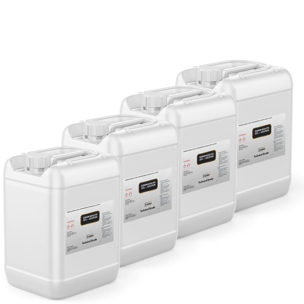 Four 5-gallon HDPE jugs of Alliance Chemical Sodium Bisulfite 25% Solution with labels and handles.