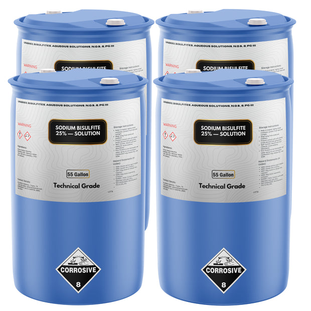 Four 55-gallon blue plastic drums of Alliance Chemical Sodium Bisulfite 25% Solution Technical Grade with labels.