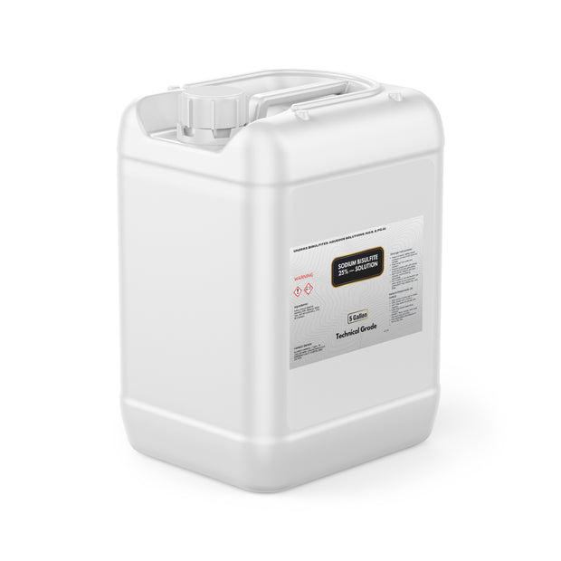 5-gallon HDPE jug of Alliance Chemical Sodium Bisulfite 25% Solution with a white screw cap and product label.