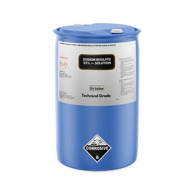 One 55-gallon blue HDPE drum of Alliance Chemical Sodium Bisulfite 25% Solution with white caps and product label.