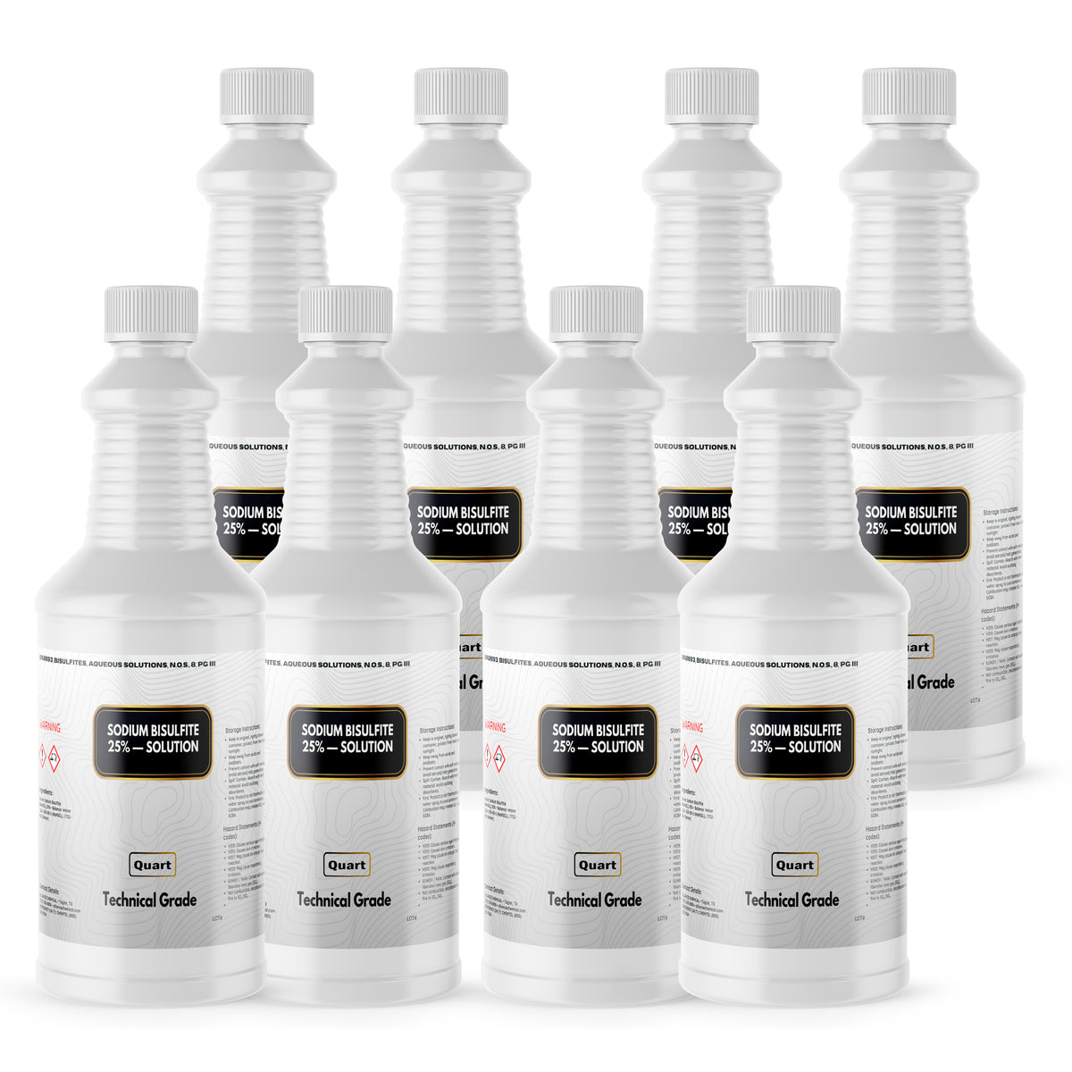 Eight 1-quart HDPE jugs of Alliance Chemical Sodium Bisulfite 25% Solution with white caps and product labels.