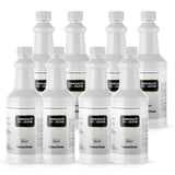 Eight 1-quart HDPE jugs of Alliance Chemical Sodium Bisulfite 25% Solution with white caps and product labels.