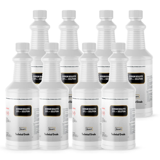 Eight 1-quart HDPE jugs of Alliance Chemical Sodium Bisulfite 25% Solution with white caps and product labels.
