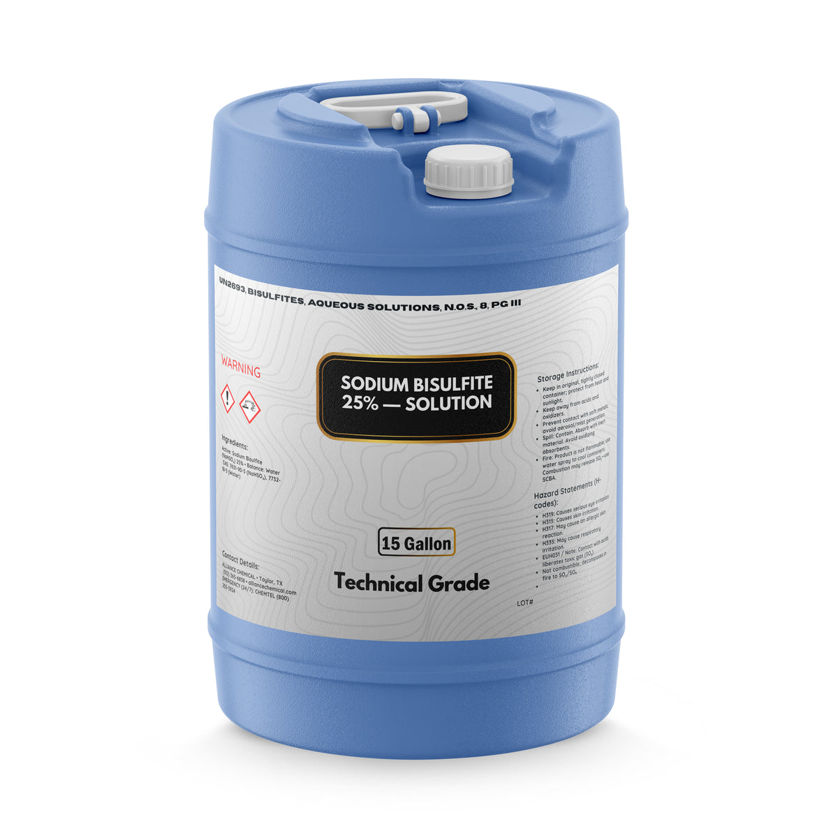 Alliance Chemical 15-gallon HDPE jug of Sodium Bisulfite 25% Solution – Technical Grade with white cap and handle.
