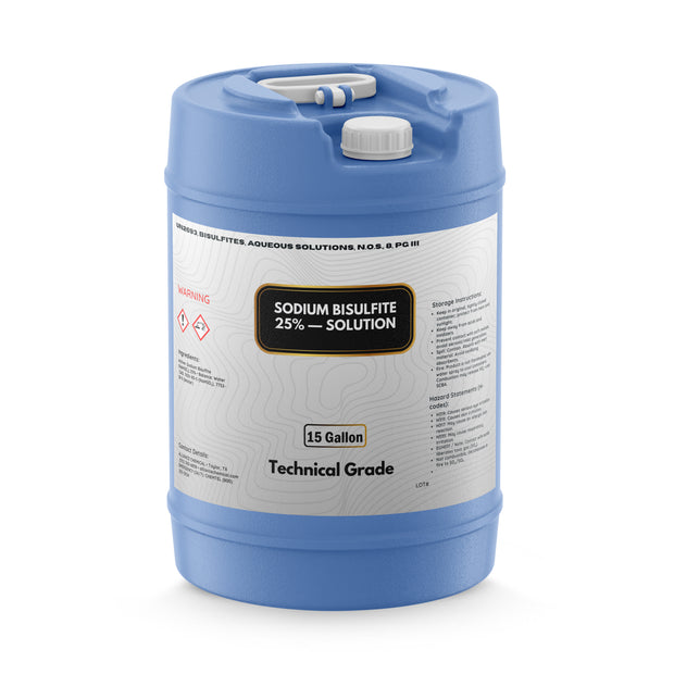 Alliance Chemical 15-gallon HDPE jug of Sodium Bisulfite 25% Solution – Technical Grade with white cap and handle.