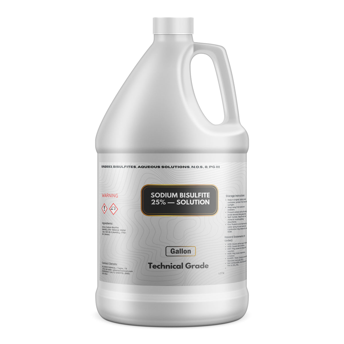One 1-gallon HDPE jug of Alliance Chemical Sodium Bisulfite 25% Solution – Technical Grade with a white screw cap and handle.