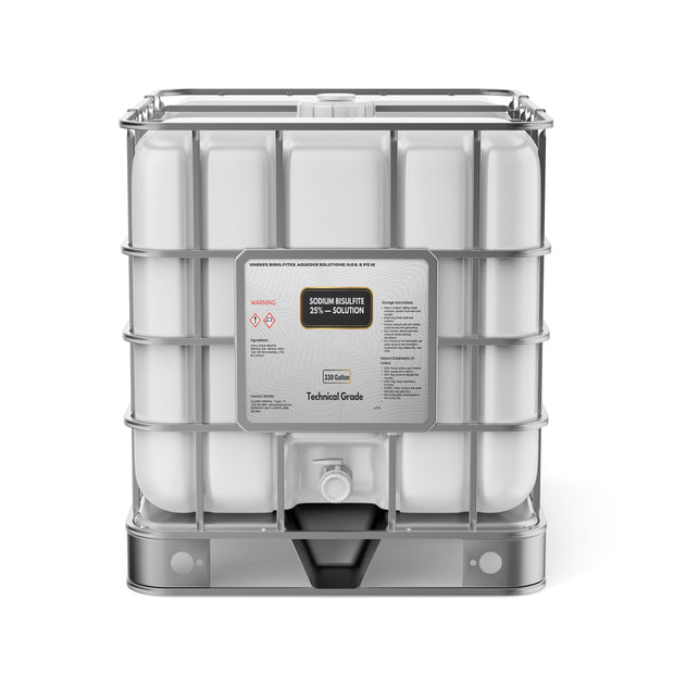 One 330-gallon tote of Alliance Chemical Sodium Bisulfite 25% Solution with steel cage and label.