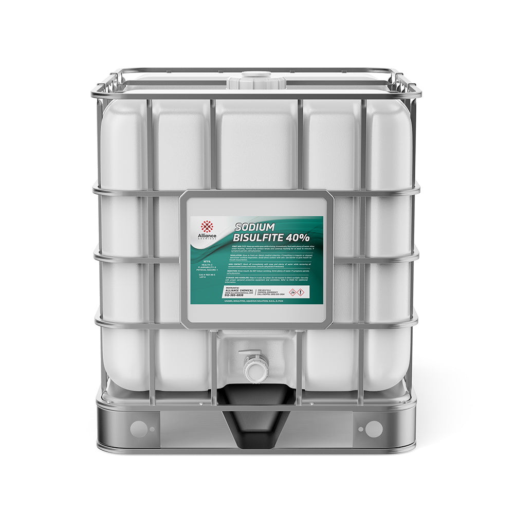 275-gallon IBC tote of Sodium Bisulfite 40% solution with metal cage frame, integrated spigot, and chemical safety labeling on white container.